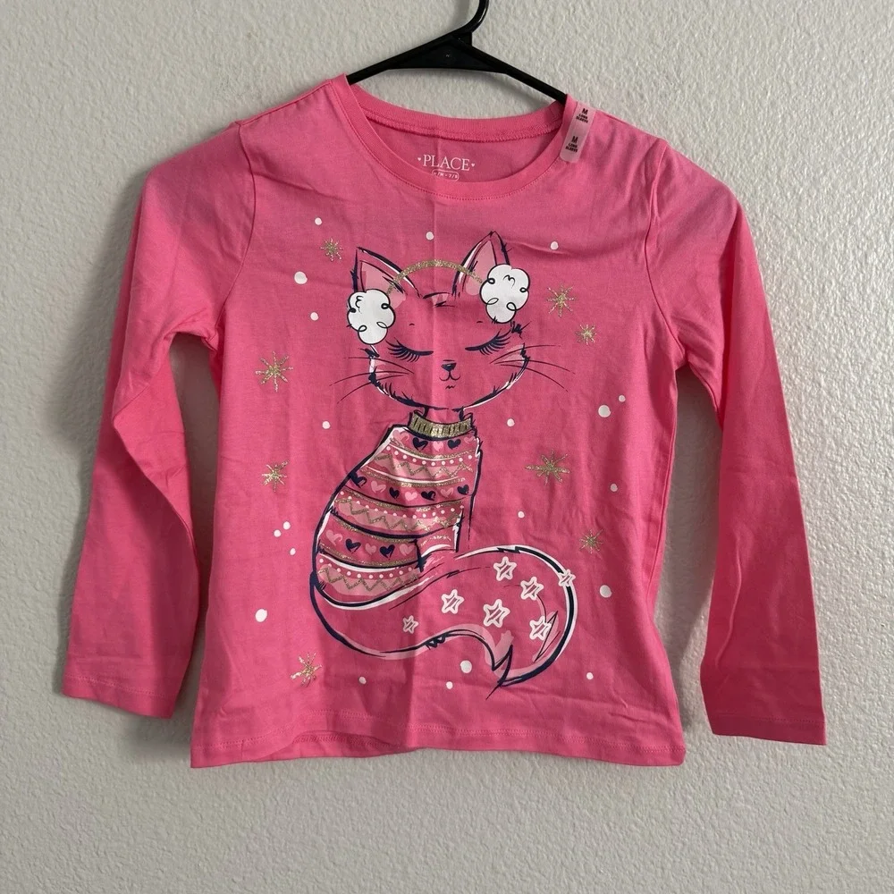 The Children's Place Girls Pink Cat T-Shirt Long Sleeve 7/8 Medium Sassy NWT